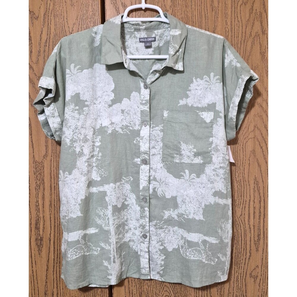 Falls Creek Women's Safari Sage Green & White Button Down Blouse Size M NWT